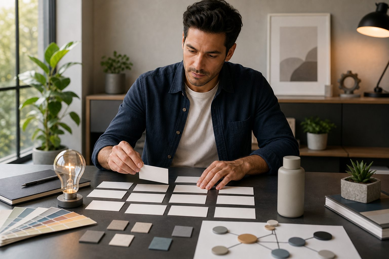 Entrepreneur brainstorming business name ideas on sticky notes